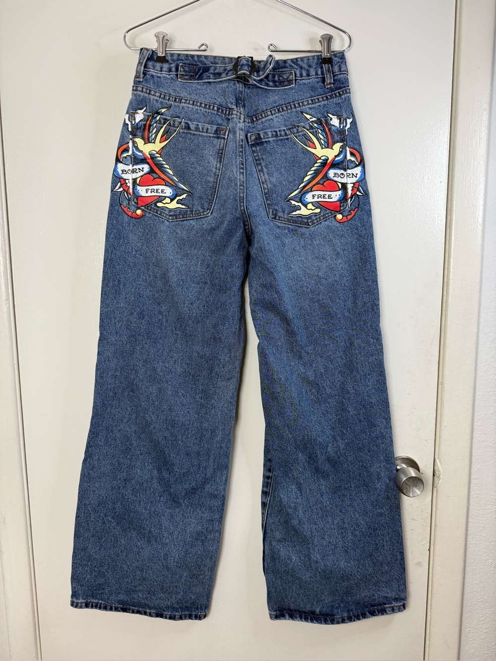 Ed Hardy, born free, wide leg high rise, buckle back Y2K birds & hearts jeans 26
